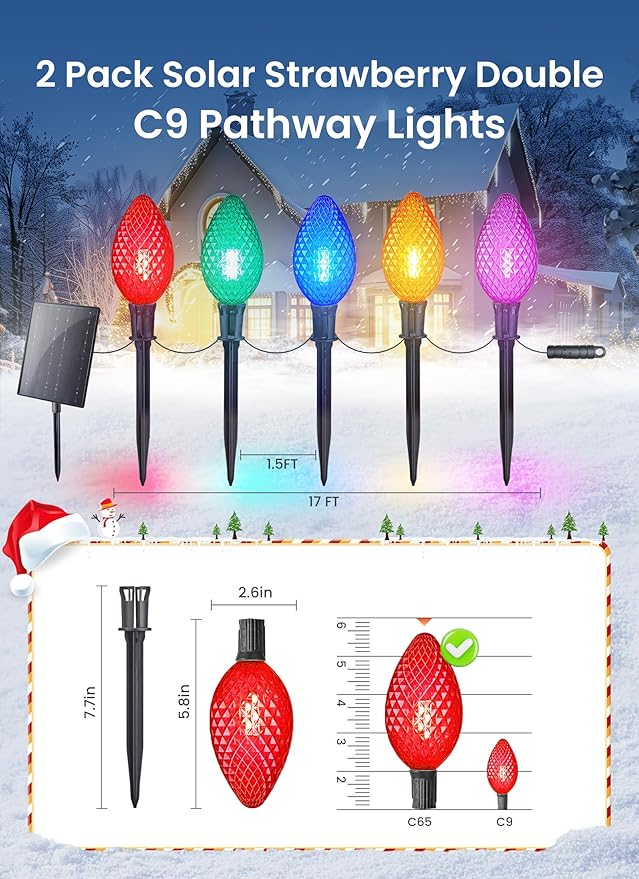 Minetom 2 Pack Solar Double C9 Strawberry Pathway Lights Outdoor - Total 32FT 20 LED C9 Christmas Lights Outdoor with Timer, 8 Modes, Solar Christmas Outside Decorations for Lawn, Multicolor