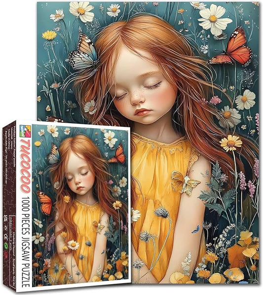 Girl Flowers Jigsaw Puzzle Girl with Colorful Butterflies 1000 Piece Jigsaw Puzzles for Adults Challenging Family Activity Game DIY Puzzle Home Decor 20 x 27 Inch