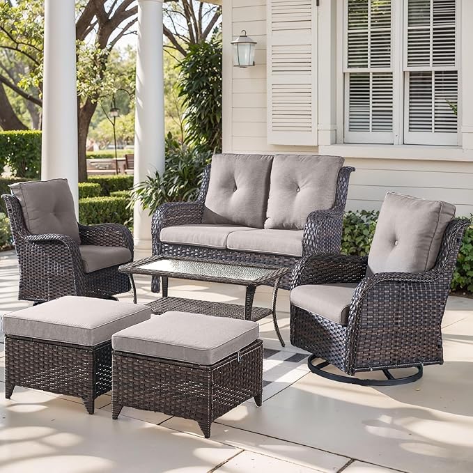Outdoor Wicker Patio Furniture Set - 6 Piece Rattan Patio Conversation Set with 2 Rocking Swivel Chairs,2 Ottomans,1 Loveseat and 1 Coffee Table for Porch Deck Backyard Garden(Brown/Grey)