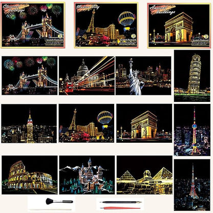 Georgie Porgy Scratch Paper Art Set DIY Arts and Crafts Kits for Kids Adults Magic Rainbow Scratch Postcards for Christmas Birthday Gift with Scratching Tools Kit (Classical Ancient Modern City)
