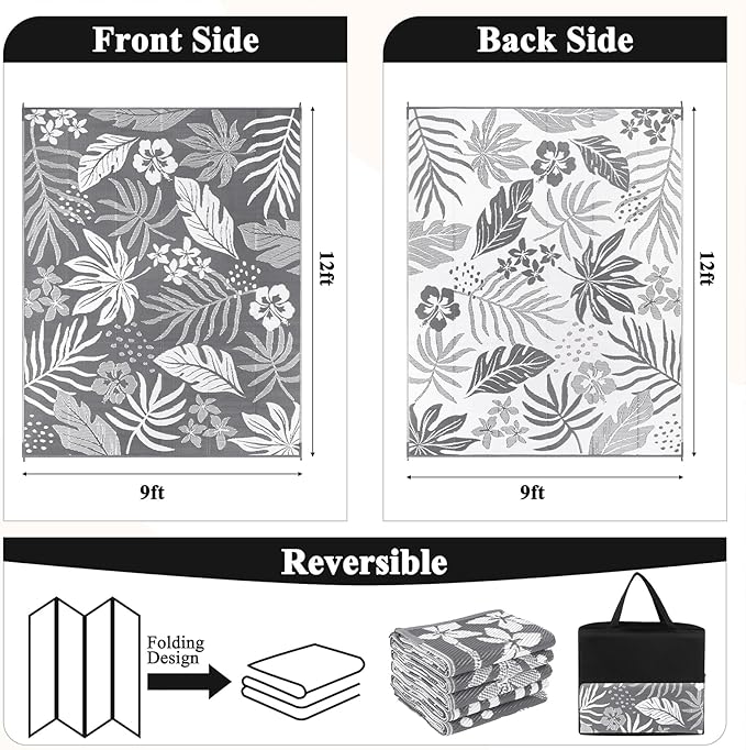 Pauwer Waterproof Outdoor Rug 9x12, Reversible Plastic Straw Patio Camping Rug, Indoor Outdoor RV Mat Carpet for Deck, Camper, Porch, Balcony, Backyard, Picnic, Floral Grey