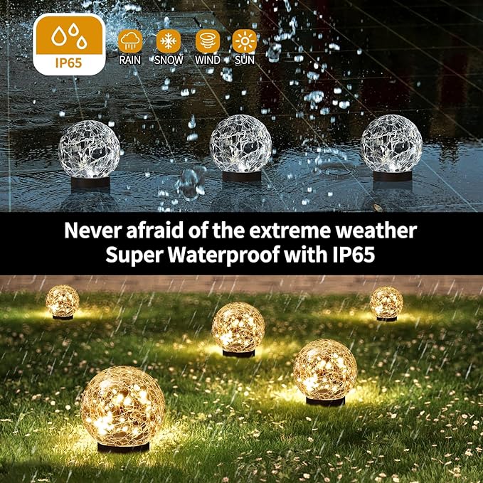 Solar Globe Lights Outdoor Waterproof-Solar Balls for Garden-Cracked Glass Ball Solar Lights Outdoor-Solar Orbs for Outside-Outdoor Decorations for Patio and Yard Lawn Backyard Decor