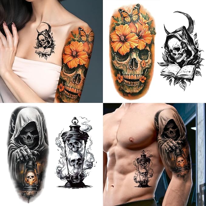 77 Sheets Skeleton Skull Temporary Tattoo for Women Men, 17 Sheets Half Arm Large Flower Spider Owl Fake Tattoos, 60 Sheets Black Scary Halloween Cosplay Tiny Adult Kid Body Tattoos Stickers Realistic