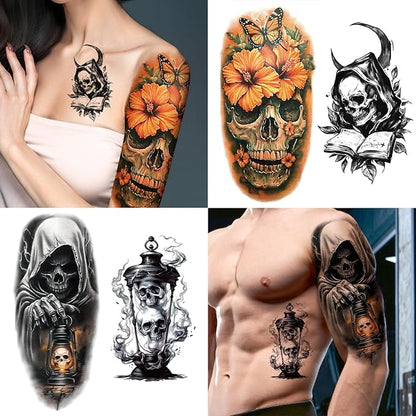 77 Sheets Skeleton Skull Temporary Tattoo for Women Men, 17 Sheets Half Arm Large Flower Spider Owl Fake Tattoos, 60 Sheets Black Scary Halloween Cosplay Tiny Adult Kid Body Tattoos Stickers Realistic