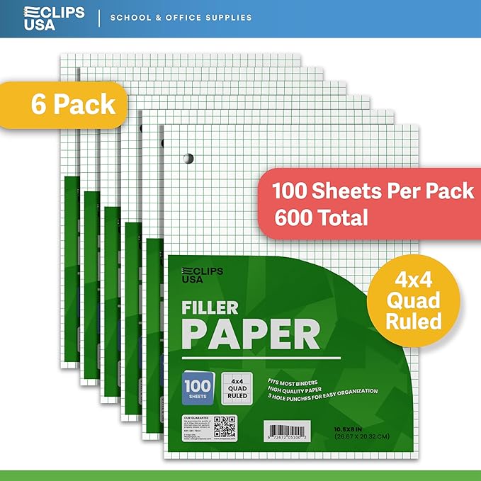 Loose Leaf Graph Paper (6 Pack), 4 x 4 An Inch Quad Ruled Graph Paper, 10.5” x 8” Graphing Paper, 100 Per Sheets Per Pack, 60 gsm (6 Pack)