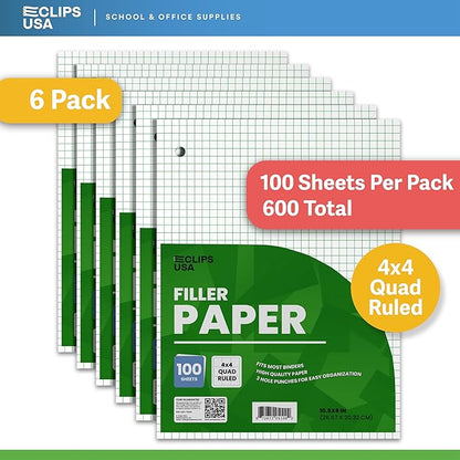 Loose Leaf Graph Paper (6 Pack), 4 x 4 An Inch Quad Ruled Graph Paper, 10.5” x 8” Graphing Paper, 100 Per Sheets Per Pack, 60 gsm (6 Pack)
