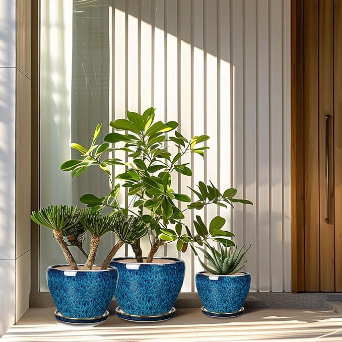 Ceramic Plant Pots Indoor, 10 Inch 8 Inch 6 Inch Round Planters Pots for Indoor Outdoor Plants, Modern Large Flower Pots with Drainage Holes and Saucers, Set of 3, Blue