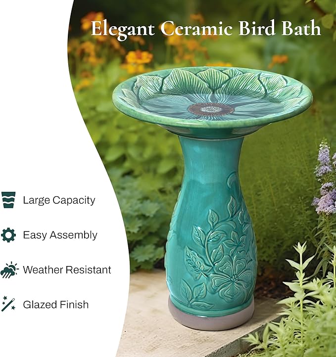 LuxenHome 23 Inch Ceramic Bird Bath for Outside, Elegant Tall Outdoor Bird Bath, Lightweight Pedestal Glazed Birdbaths for Outdoors with Floral Embossed Design, Jade Green