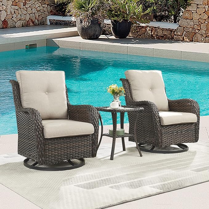 Outdoor Patio Swivel Rocker Chairs - 3 Piece Patio Bistro Set,Wicker Patio Furniture Set with 2 Swivel Rocking Chairs and 1 Glass Top Side Table for Deck Porch Garden,Brown/Beige