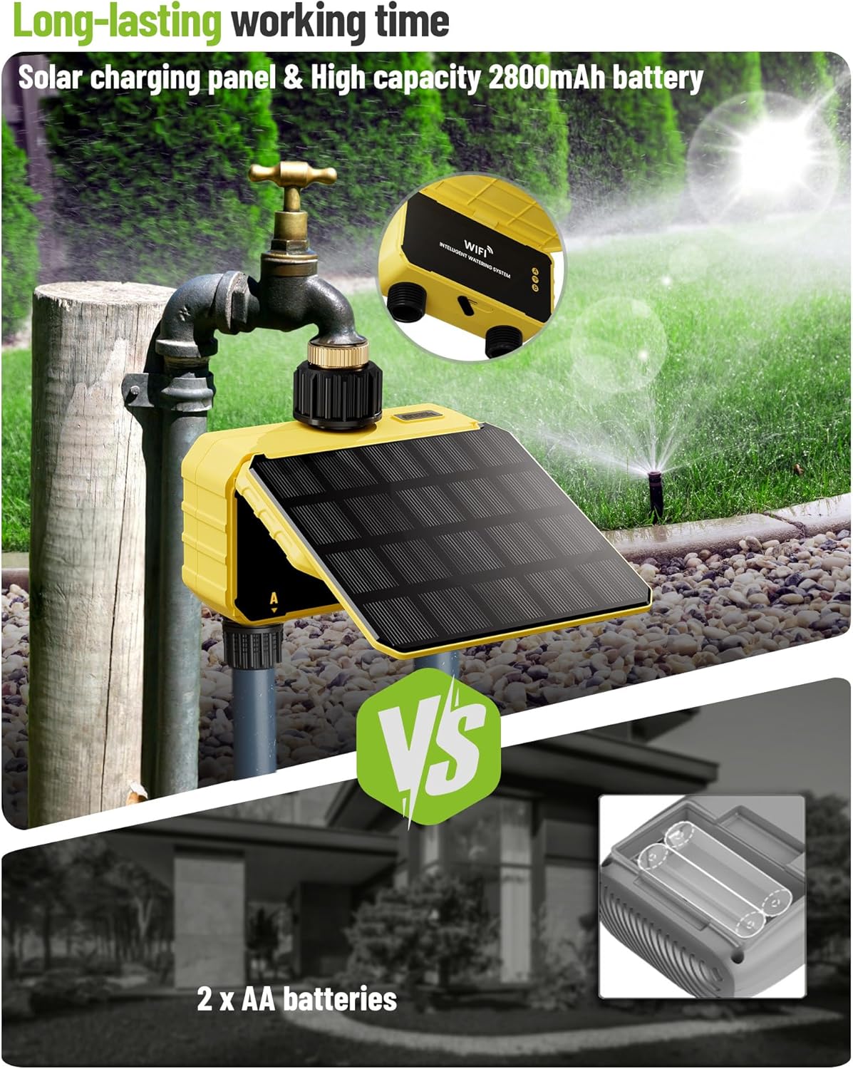 Smart WiFi Water Timer 2 Zone No Need Gateway, Solar WiFi Sprinkler Valve Timer for Garden Hose APP & Remote Control Alexa & Google Voice Compatible,Rain Delay, Manual Mode Sprinkler System