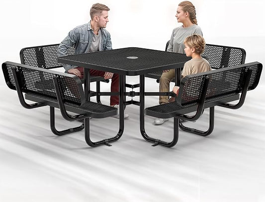 Metal Picnic Tables for Outdoors with Umbrella Hole - Coated Steel Heavy Duty Commercial Grade Table with Adjustable Seats (Black, 46 in, Square with Back, Expanded Steel)