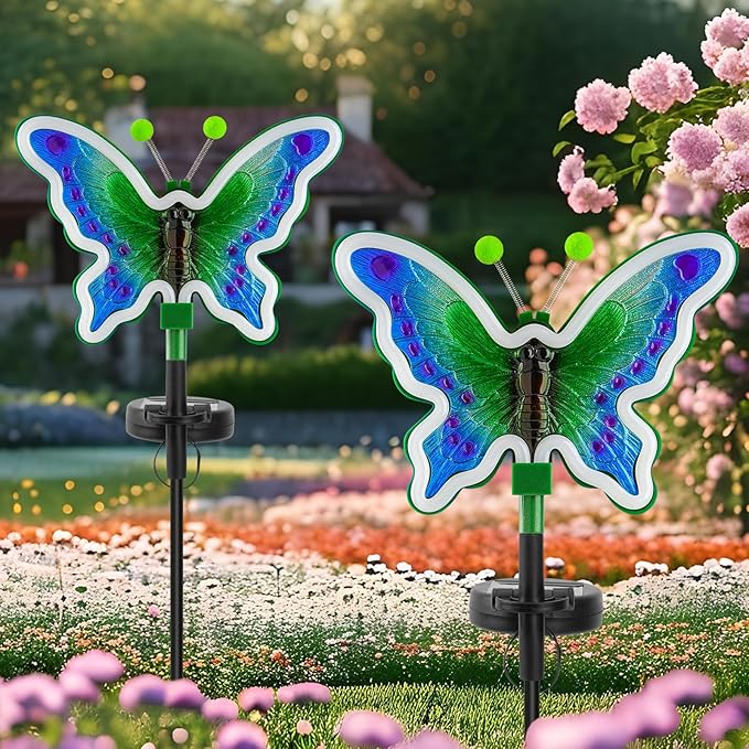 Butterfly Solar Garden Lights, Solar Butterfly Outdoor Lights, Garden Solar Decor for Outside,Solar Neon Lights,Yard Decorations Outdoor (Green,2pack)