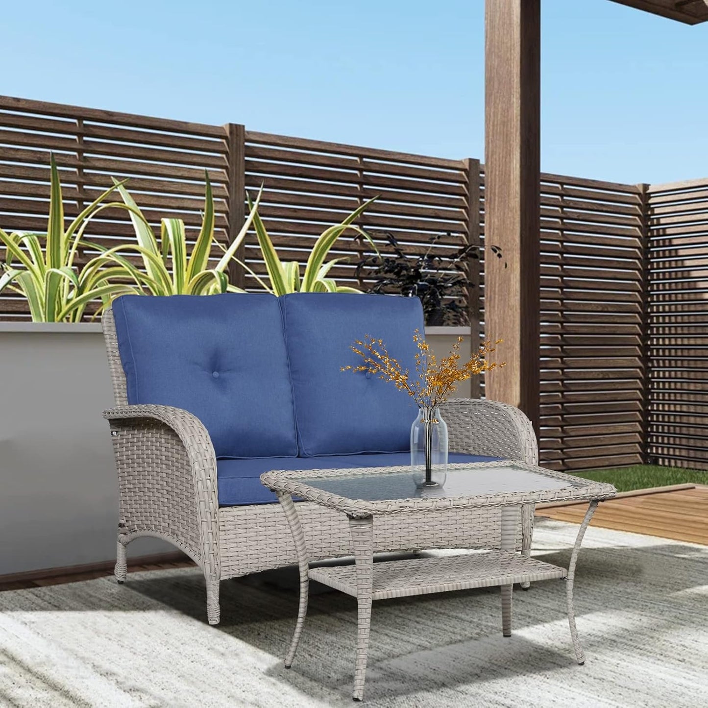 Patio Conversation Sets Wicker Furniture, 7 PCS Outdoor Swivel Rocker Furniture Set for Patio Deck Poolside, 2 Swivel Rockers 2 Club Chairs 2 Rattan Tables 1 Loveseat Included, Blue Cushion
