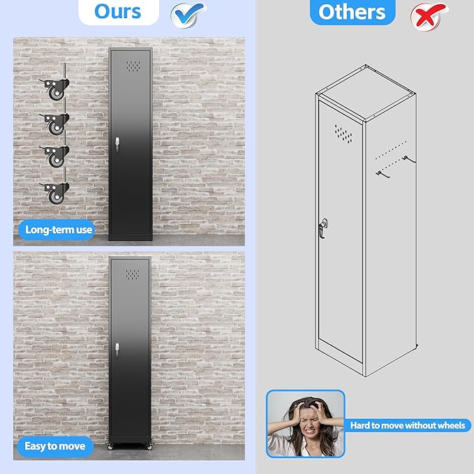 72''H Metal Broom Closet Storage Cabinet with Wheels & Pegboards, Mops Broom Closet Organizer with Locking Door & Hanging Rod,Cleaning Tool Garage Storage Cabinet,Assembly Required,Black