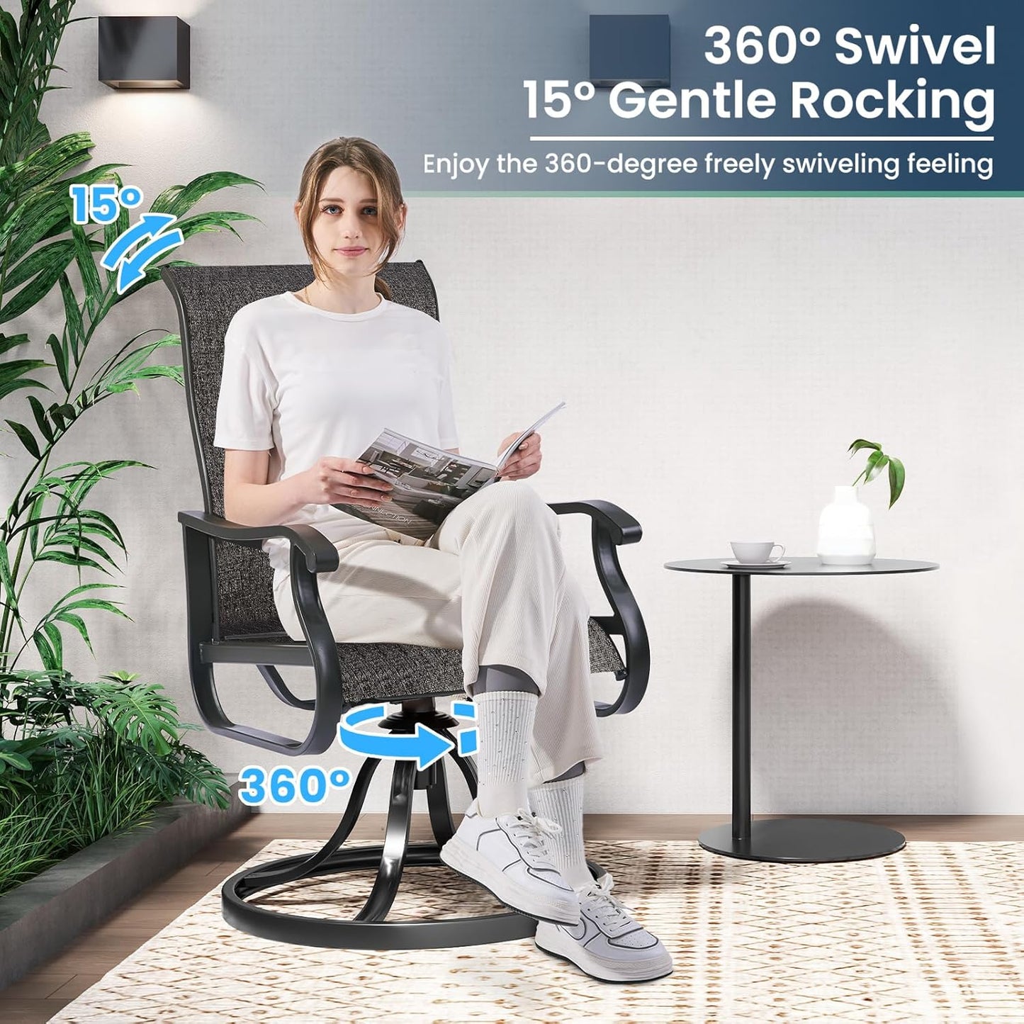 Amopatio Patio Swivel Chairs Set of 2, Outdoor Swivel Rocker Dining Chairs with All Weather Textilene High Back & Metal Frame, for Backyard Deck Lawn Garden, Dark Grey