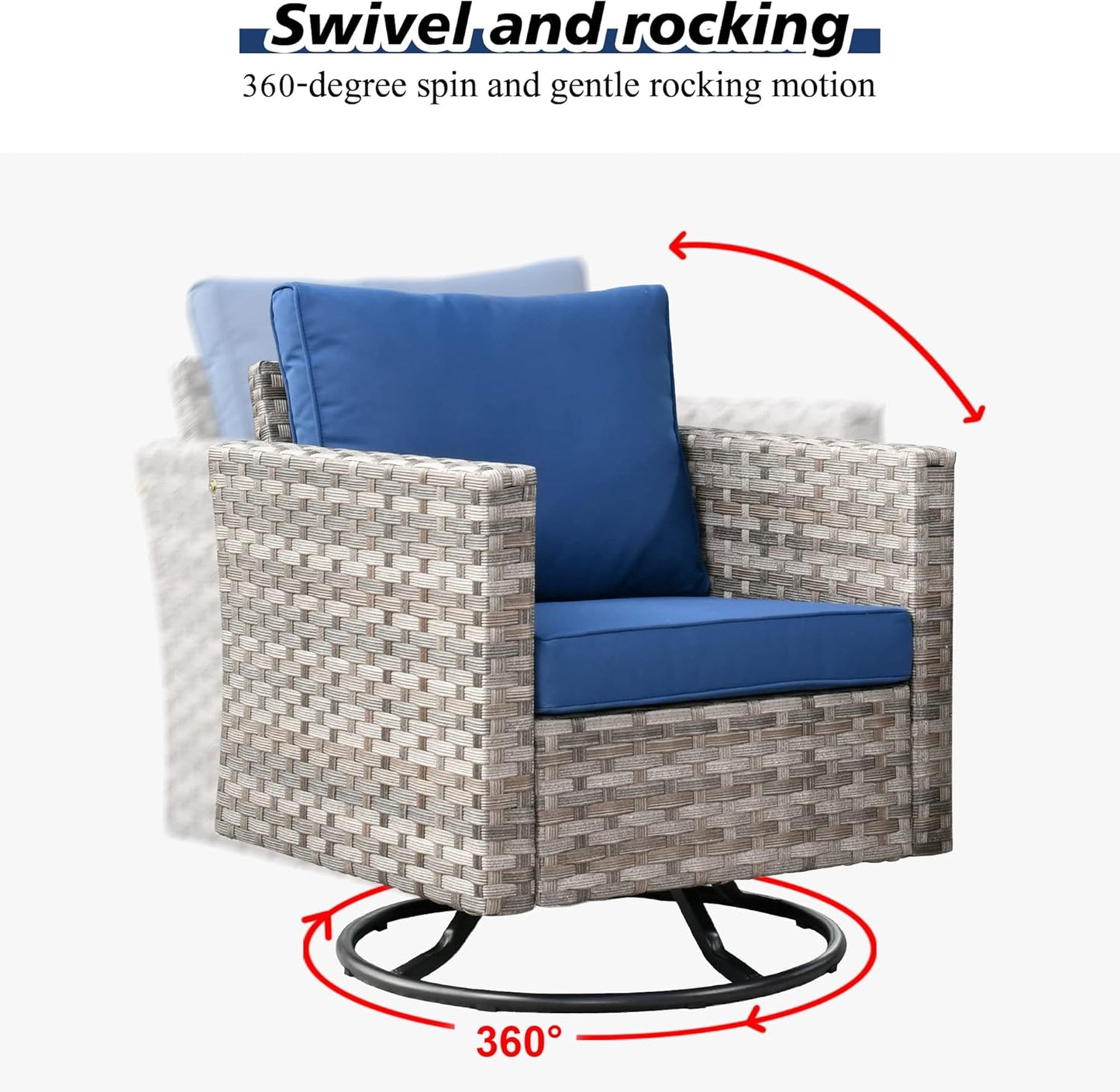 HOOOWOOO 9 Piece Modular Patio Outdoor Sectional Furniture Set with Large Propane Fire Pit Table,Wicker Conversation Sofa Set with Swivel Chairs,Outside Couch Set(Navy Blue)