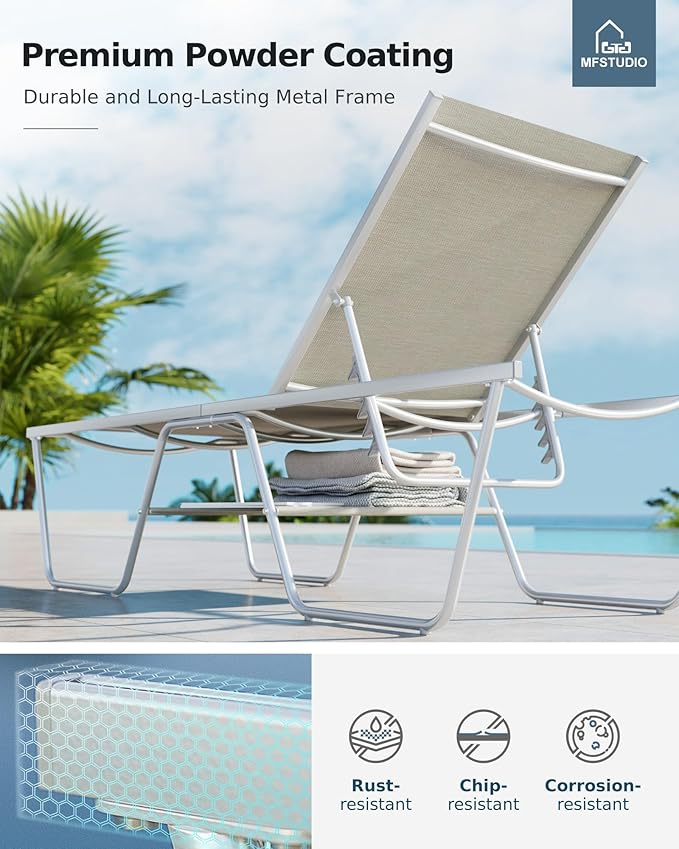 MFSTUDIO Outdoor Chaise Lounge Chairs of 2, Patio Recliner Lounge Chairs with 5 Adjustable Positions, Patio Pool Tanning Lounger Chairs, Textilene, All Weather Use