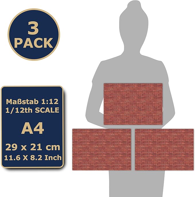 3 Sheets Self-Adhesive Wall Cladding for Dollhouse 1:12 Scale (Dark Joints)
