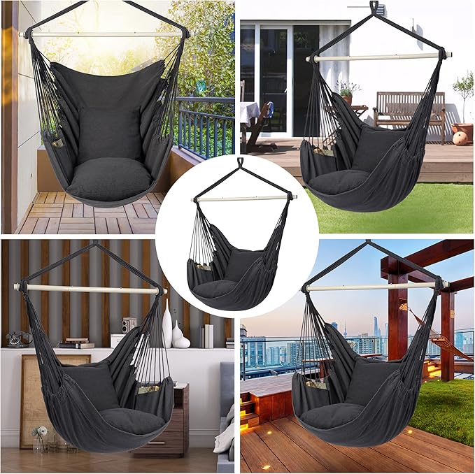Y- Stop Hammock Chair Hanging Rope Swing Chair, Max 500 Lbs, 2 Seat Cushions Included, Removable Steel Spreader Bar with Anti-Slip Rings, Hardware kit-for Indoor or Outdoor(Dark Grey)