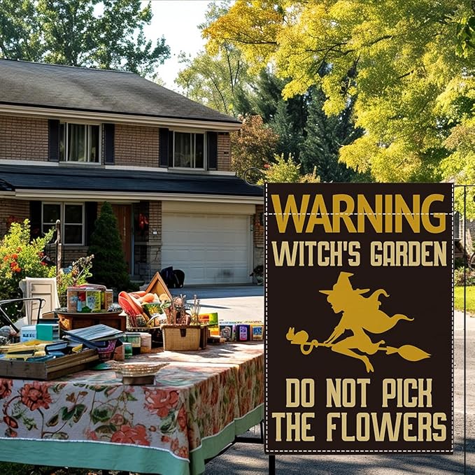 Witch's Funny Garden Flag Do Not Pick the Flowers Sign Plant Lover Gift Small Double Sided Burlap art Stained Glass Style Garden Flags 12 x 18 Inch for Outside