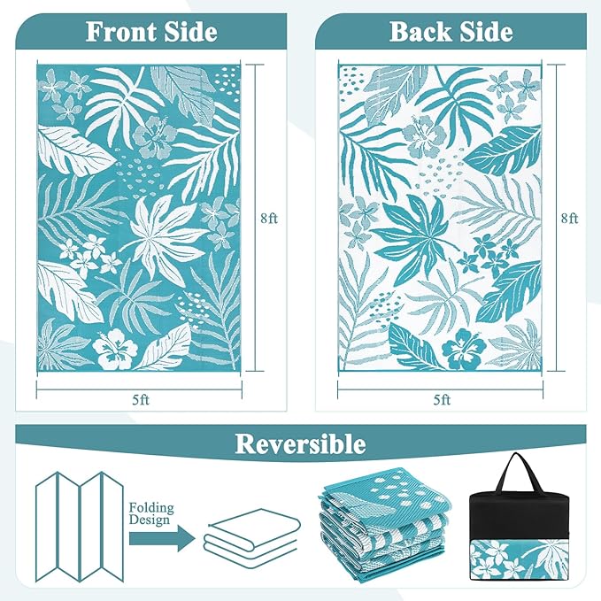 Pauwer Waterproof Outdoor Rug 5x8, Reversible Plastic Straw Patio Camping Rug, Indoor Outdoor RV Mat Carpet for Deck, Camper, Porch, Balcony, Backyard, Picnic, Floral Teal