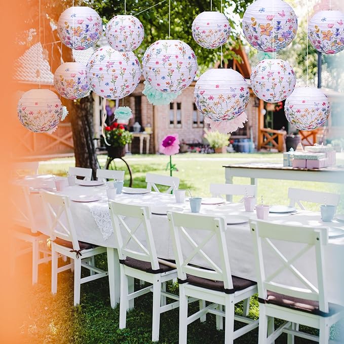 Riakrum 12 Pcs Wildflower Paper Lantern Set Floral Party Decorations Flower Paper Round Lanterns Wildflower Lantern Kit for Spring Baby Shower Bridal Shower Wedding Birthday Tea Party Supplies