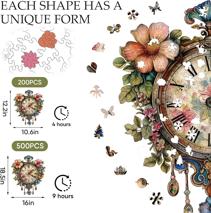 Jiroinlly Wooden Puzzles for Adults 500 Pieces, Flower Clock Wooden Jigsaw Puzzles, Unique Shaped Wood Puzzle, Beautiful Package, Best Toys for Adults and Kids, Family Game, 18.5'' x 16''