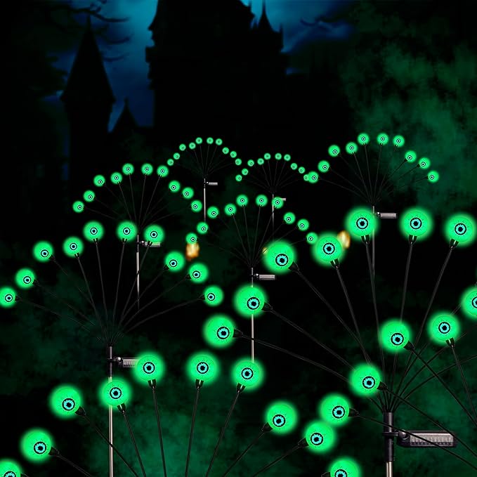 Halloween Decorations, 4 Pack 40LED Solar Halloween Lights Outdoor Scary Eyeball Waterproof Halloween Solar Garden Lights Swaying Firefly Lights for Yard Garden Patio Party Decor Green