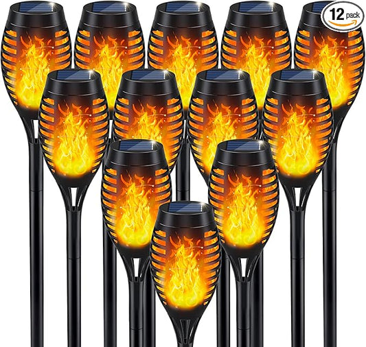 IkeeRuic Solar Flame Torch Lights for Outdoor Decor, 12Pack Outdoor Lights Solar Powered Waterproof, LED Torches for Outside Decor, Luces Solares Outdoor Decorations for Patio Garden Art