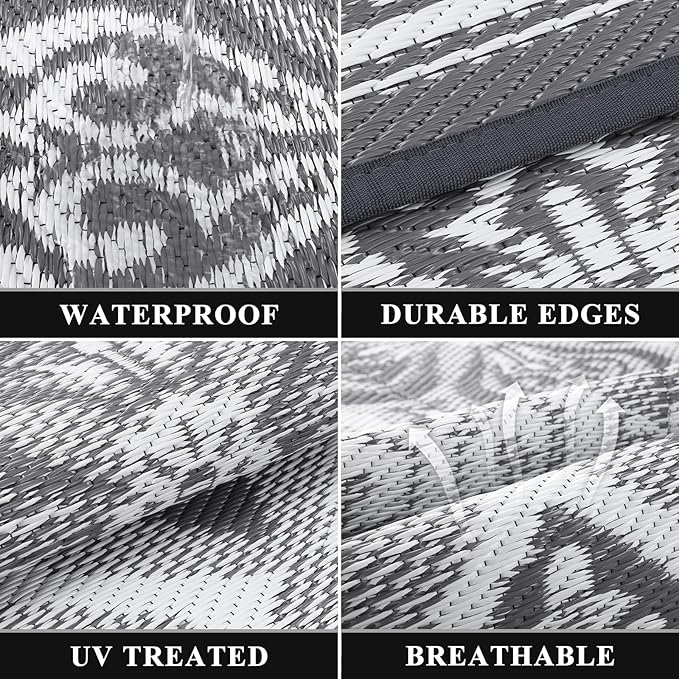 Pauwer Reversible Outdoor Rug, 6'x9', Waterproof, Polypropylene, Clover Grey, Area Rug for Patio, RV, Camping, Picnic, Backyard, Deck, Balcony, Porch