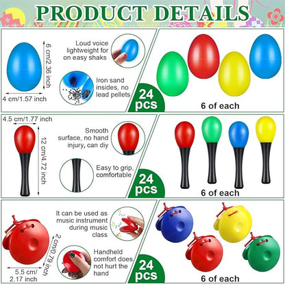 120 Pcs Musical Instruments Learning Percussion Toy Include 24 Plastic Egg Shakers 24 Hand Held Sand Hammers Maracas Rattle 24 Hand Clappers 24 Rhythm Sticks Wood Lummi Sticks 24 Finger Castanets