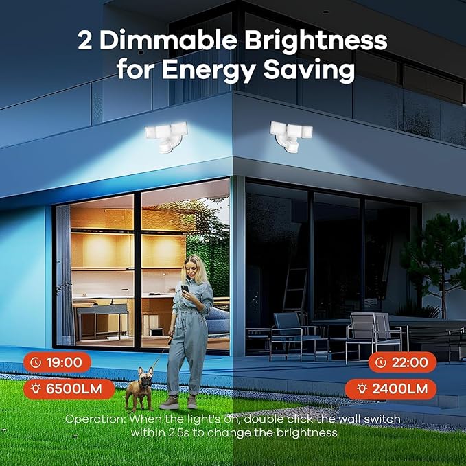 OREiN 10000LM Flood Lights Outdoor, 180°/75FT Motion Sensor Outdoor Lights 4 Modes Dimmable Dusk to Dawn Floodlights IP65 Waterproof for 8000SQ.FT Area for Big Patio, Driveway, White (Hardwired)