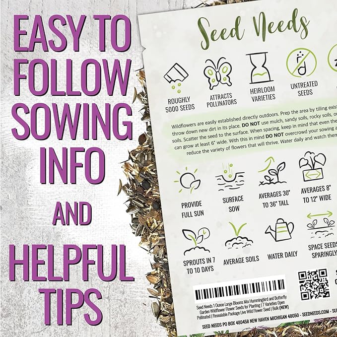 Seed Needs Garden Flower Seeds Large Blooms Mix Hummingbird and Butterfly | 2 Packs (1 Ounce Each) No Filler 7 Varieties Open Pollinated | Resealable Package Live Wild Flower Seed | Bulk