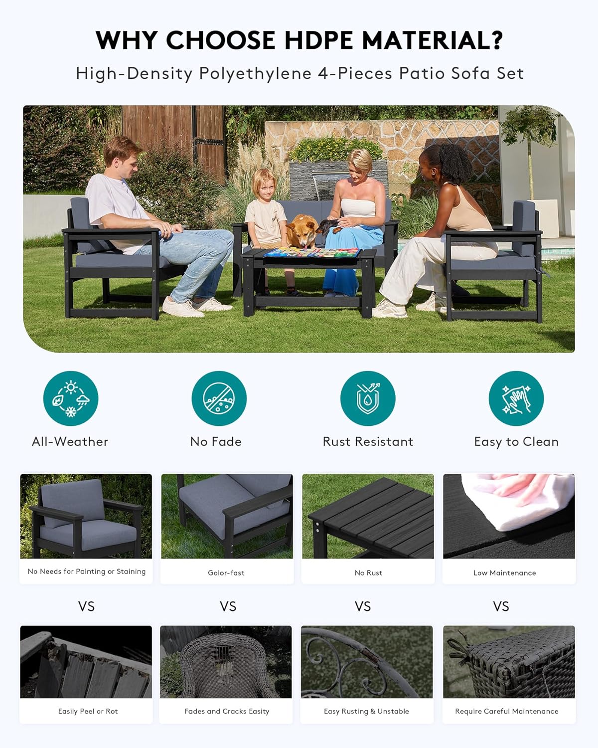 SERWALL 2 Pieces Single Cushioned Lounge Chair, Black HDPE Outdoor Adirondack Sofa Armchair with Grey Cushion