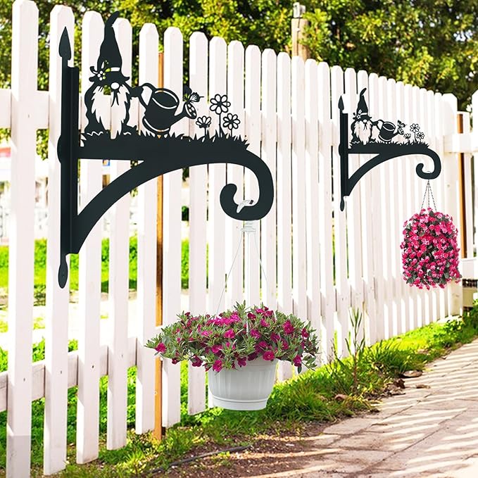 Hanging Plant Bracket Heavy Duty Iron Ornamental Gnome Silhouette Hanging Plant Hangers Outdoor 12 inch Hanging Basket Bracket Hook Wall Mounted for Flower Pot, Lantern, Bird Feeder, Wind Chimes