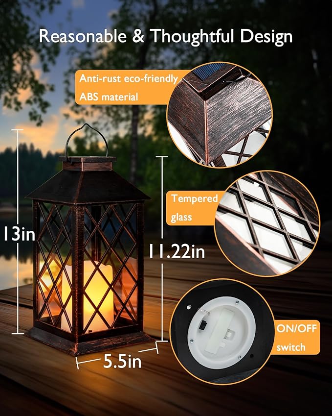 Homemory Solar Lanterns Outdoor Waterproof Hanging with Flickering Flameless Candles, 2 Pack 13'' Garden Outdoor Lantern Decorative for Patio Front Porch Backyard Balcony Cabin Outside(Antique Copper)