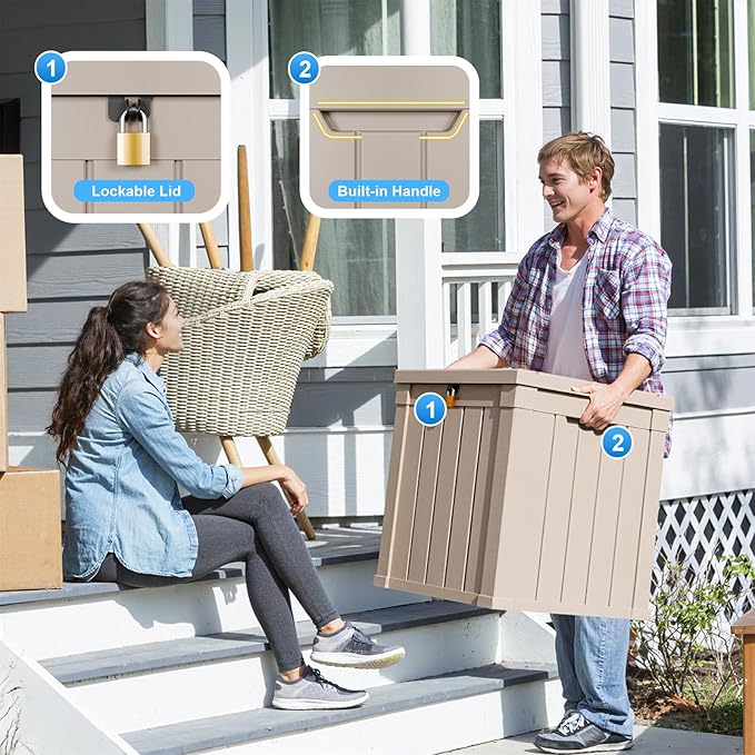 50 Gallon Outdoor Storage Box – Waterproof Deck Box for Garden & Patio,Light Brown