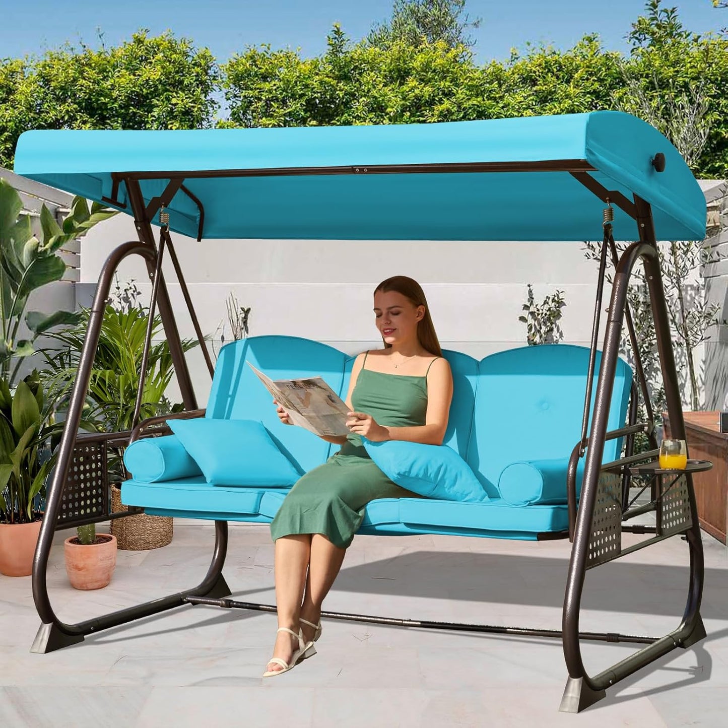 3 in 1 Outdoor Porch Swing with Adjustable Canopy, 3 Seat Outdoor Swing for Adults, Patio Swing Chair with Thickened Cushions,Pillows & Cup Holders for Backyard, Porch, Garden (Lake Blue)