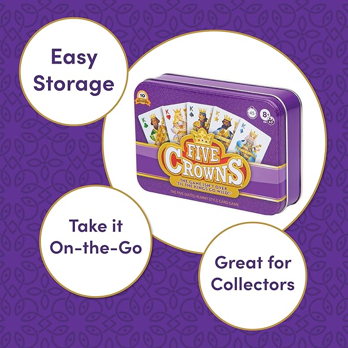 PlayMonster Five Crowns Collectible Tin – Card Game for Kids and Adults, Family Game Night, The Game isn’t Over Until the Kings Go Wild!, 5 Suited Rummy Style Card Game, 1-7 Players, Ages 8+