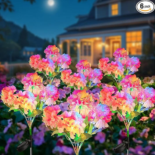 Neporal Solar Flowers Outdoor Waterproof IP65, 5-Head Pink Hydrangea with 4-Color Light & 2 Lightning Modes, Solar Garden Lights for Garden, Yard, Pathway, Gardening Gifts for Women - 6 Pack