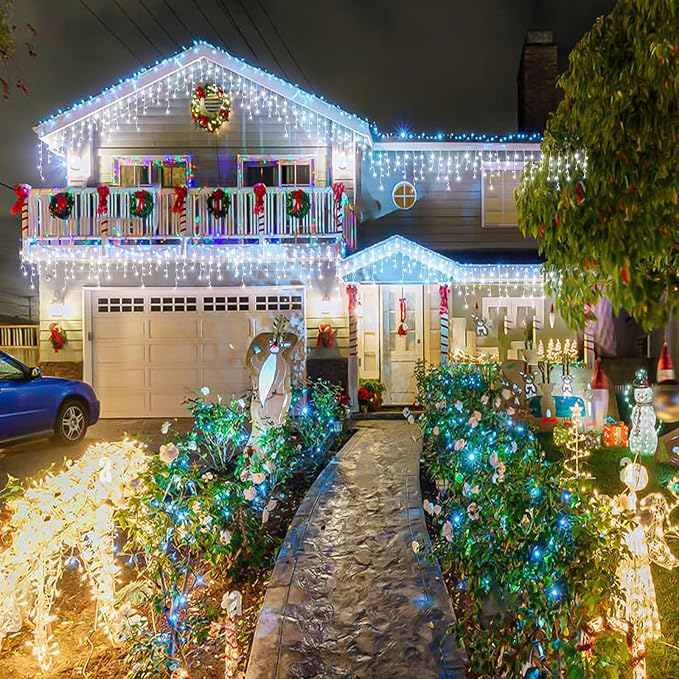 132ft Icicle Lights for Outside, 1280 LED White Christmas Lights Outdoor with 240 Twinkle Drops, 8 Modes Plug in Waterproof Timer Memory for Tree Wedding Party House Patio Eave Yard Holiday Decoration