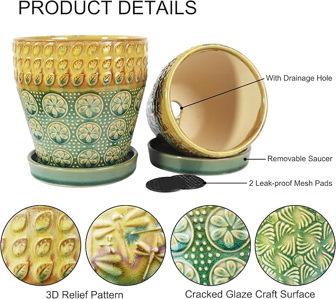 6 Inch + 5 Inch Ceramic Planter Pot with Drainage Holes, Saucers and Mesh Pads for Indoor-Outdoor Plants, Succulent Orchid Flower, Round Plant Pots, Set of 2