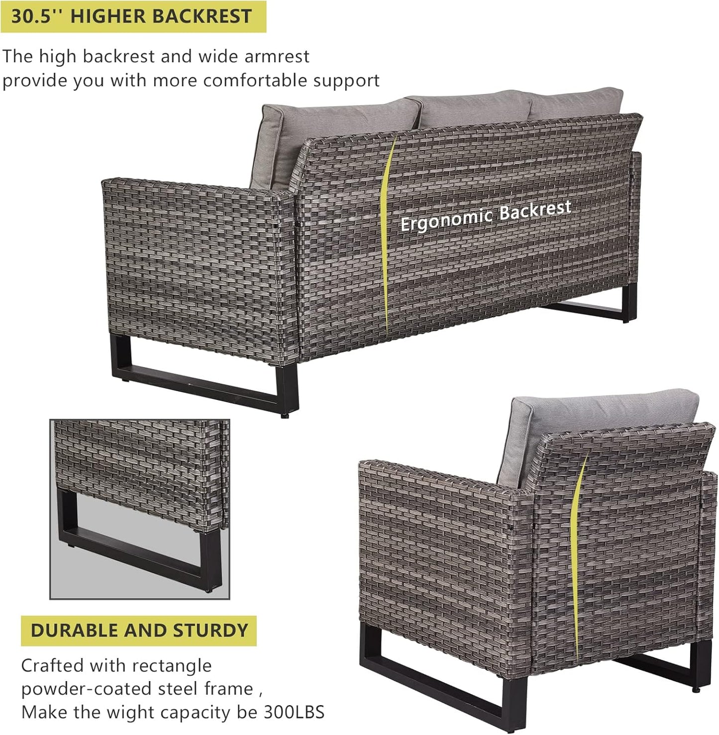 HUMMUH 6 Piece Patio Furniture All Weather Wicker Outdoor Sectional Sofa,High Back Patio Chairs,Coffee Table and Ottomans Set for Porch,Garden,Backyard