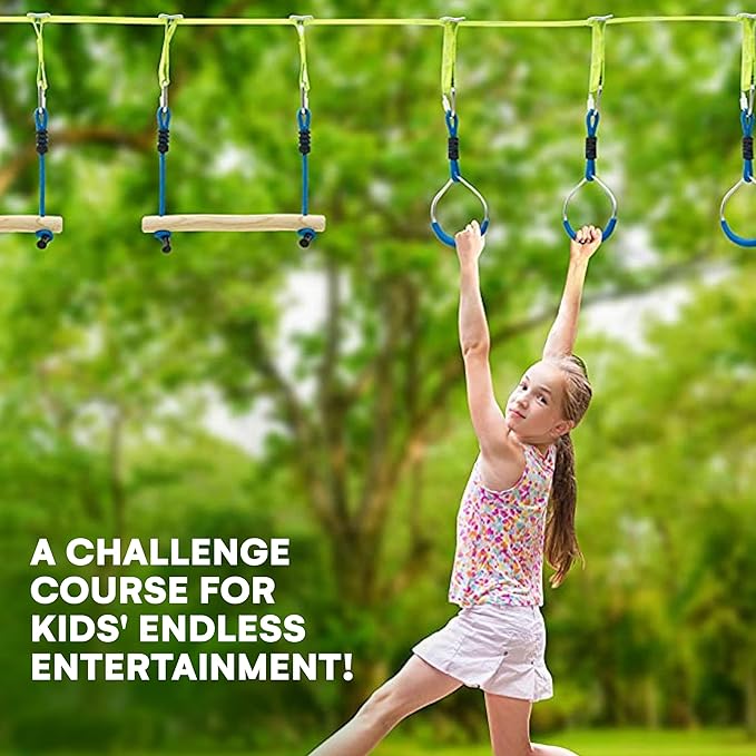 Flybold Obstacle Course for Kids - 40 Ft Ninja Warrior Slackline Kit with 8 Adjustable Obstacles - Tree Protectors, Twin Gear Ratchets, Carry Bag - Complete Outdoor Adventure Set