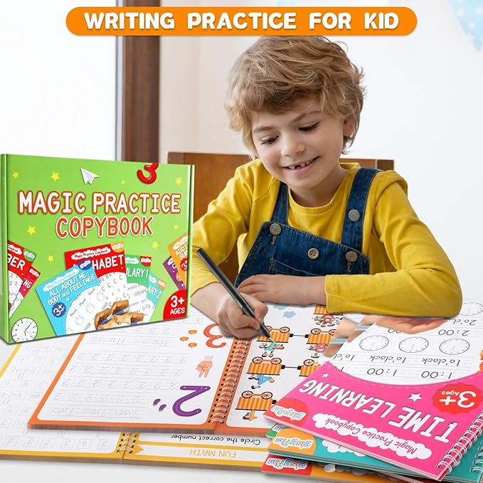 gisgfim 8 Pack Magic Grooved Writing Practice Books for Kids Reusable Magical Handwriting Workbooks with Disappearing Ink Pens Letter,Numbers,Math Tracing Copybook for Kindergarten Preschool Age 3-8