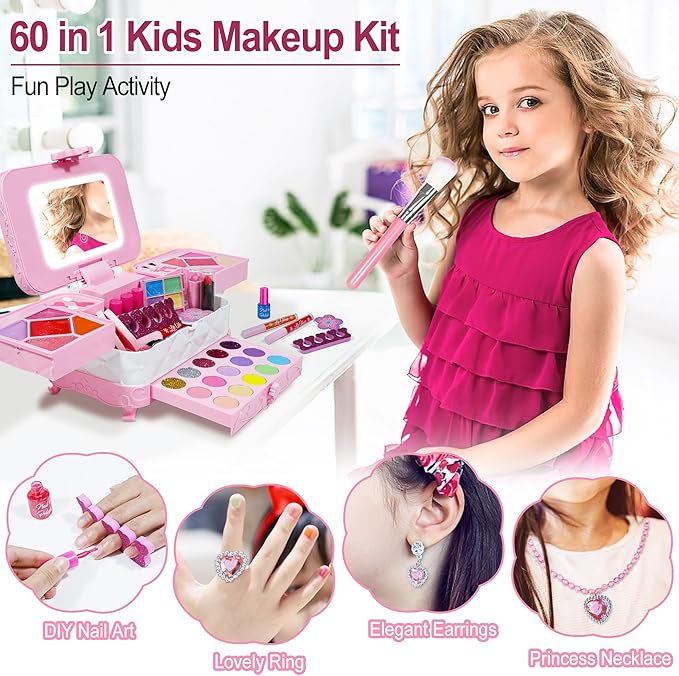 60 in 1 Kids Makeup Kit, with 3-Color Led Makeup Mirror Real Washable Kids Makeup Sets for Girls 5-8, Perfect Girl Birthday Gift, Age 3+