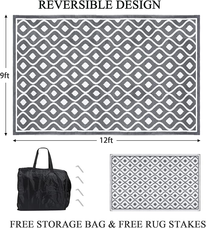 Pauwer Reversible Outdoor Rug, 9'x12', Waterproof, Polypropylene, Moroccan Grey, Area Rug for Patio, RV, Camping, Picnic, Backyard, Deck, Balcony, Porch