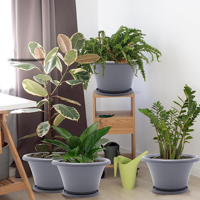 Quarut 12 Inch Large Planter Pot for Plants Indoor Outdoor, 4 Pack Plastic Flower Pots with Drainage Hole & Tray, Modern Decorative Garden Pot with Saucer, Plant Container for House Grey