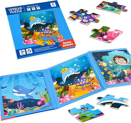 ASTARON Magnetic Puzzles for Toddlers, 12-16-25 Pieces Ocean Learning Magnet Puzzles for Road Trip, Educational Travel Toys Car Plane Activities for Kids, Kids Birthday Gifts