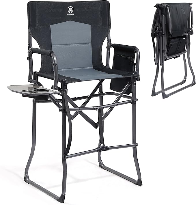 EVER ADVANCED Portable 30.7" Seat Height Tall Folding Camping Chair Directors Chair High Foldable Bar Stool with Side Table for Makeup Artist, Sports Event, Craft Show, Supports 350LBS Black Grey